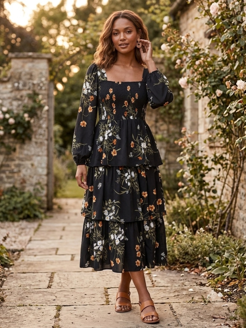 Black Floral Smocked Tiered Maxi Dress